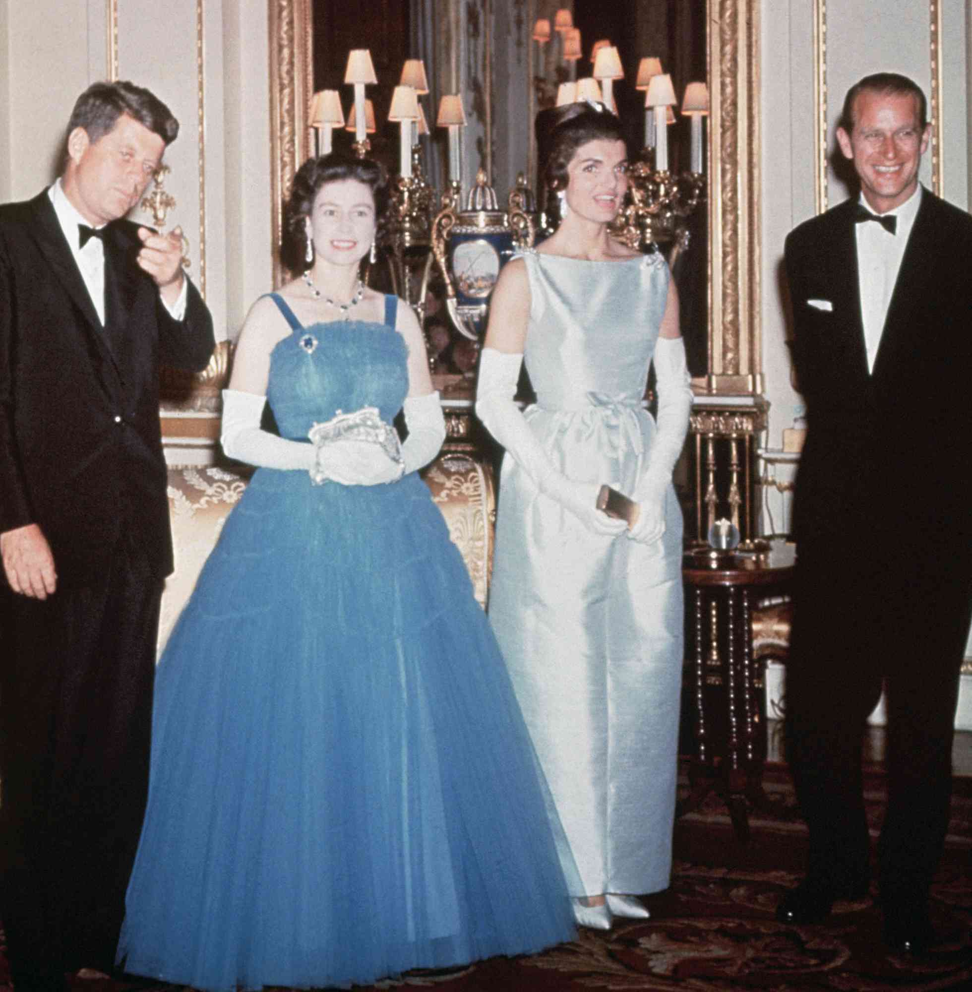 President John F. Kennedy and First Lady Jackie Kennedy pay a visit to the royal family in England. (L-R): John F. Kennedy; Queen Elizabeth II; Jackie Kennedy, and Prince Philip.