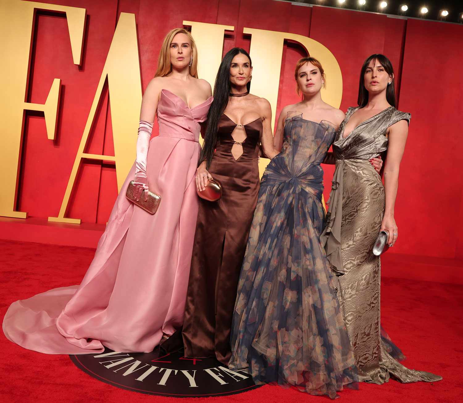 Rumer Willis, Demi Moore, Tallulah Willis and Scout LaRue Willis at the 2024 Vanity Fair Oscar Party held at the Wallis Annenberg Center for the Performing Arts on March 10, 2024 in Beverly Hills, California