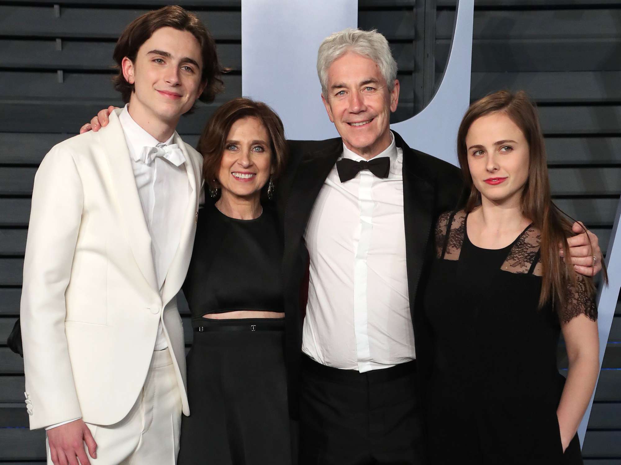 Timothee Chalamet, Nicole Flender, Marc Chalamet and Pauline Chalamet at the Vanity Fair Oscar Party on March 4, 2018.