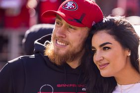 San Francisco 49ers Tight End George Kittle (85) poses with his wife, Claire, before the NFL pro football game between the Houston Texans and San Francisco 49ers on January 2, 2022 at Levis Stadium in Santa Clara, CA