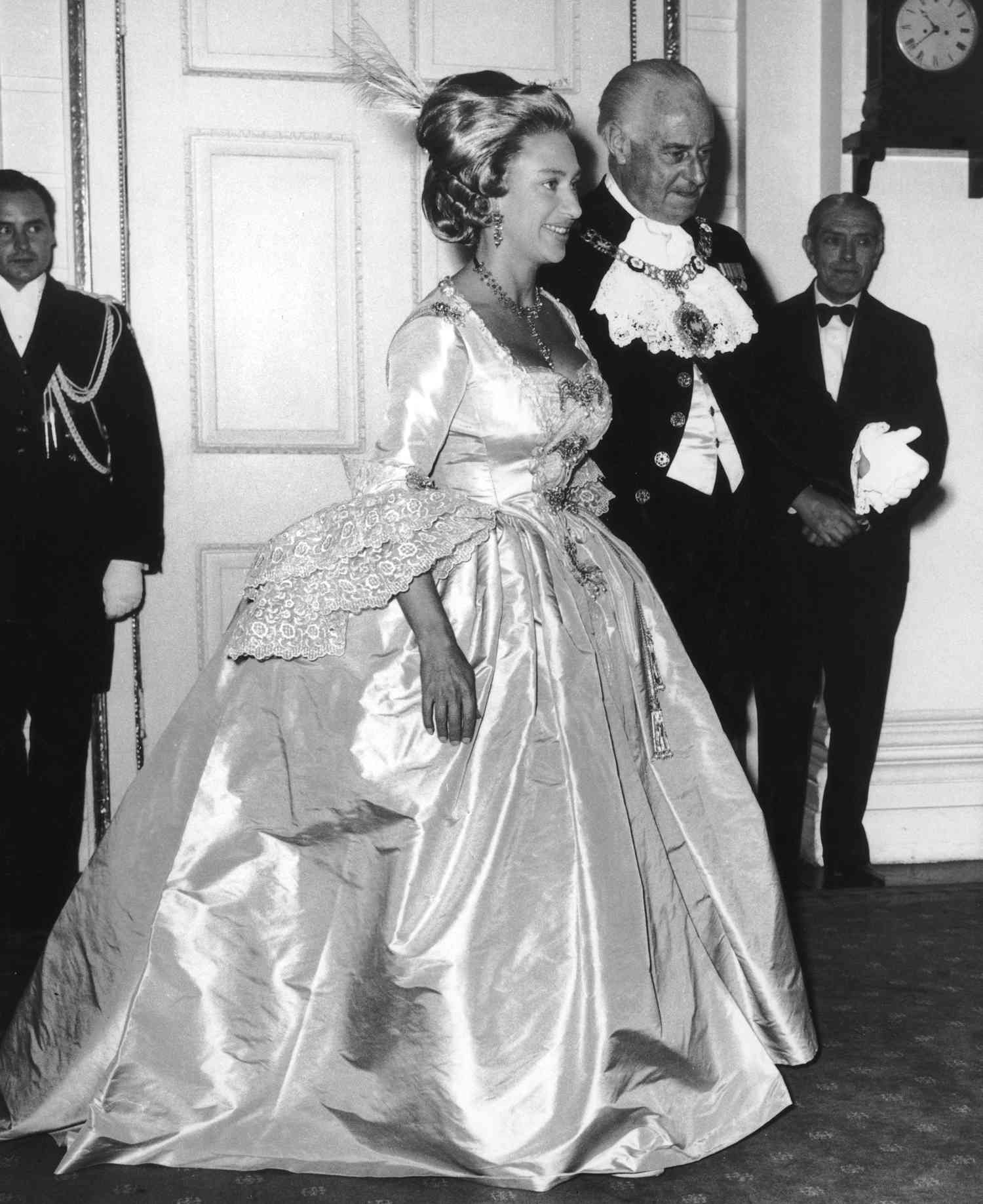 Princess Margaret (1930 - 2002) wearing an eighteenth Century ballgown