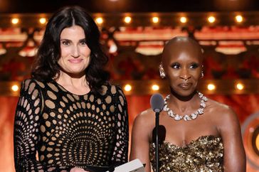Idina Menzel and Cynthia Erivo speak onstage during The 77th Annual Tony Awards at David H. Koch Theater at Lincoln Center on June 16, 2024 in New York City. (Photo by Theo Wargo/Getty