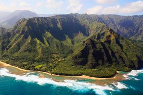 View of the Na Pali Coast as seen from from helicopter on the island of Kauai in Hawaii.