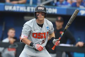 Oregon State infielder Travis Bazzana (37) in an NCAA super regional game between the Oregon State Beavers and the Kentucky Wildcats on June 8, 2024, at Kentucky Proud Park in Lexington, KY