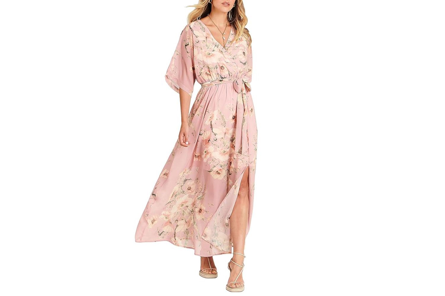 ANRABESS Womenâs Summer Loose Boho Flowy Wrap V Neck 3/4 Sleeve Floral Print Slit Beach Wedding Guest Long Maxi Dress