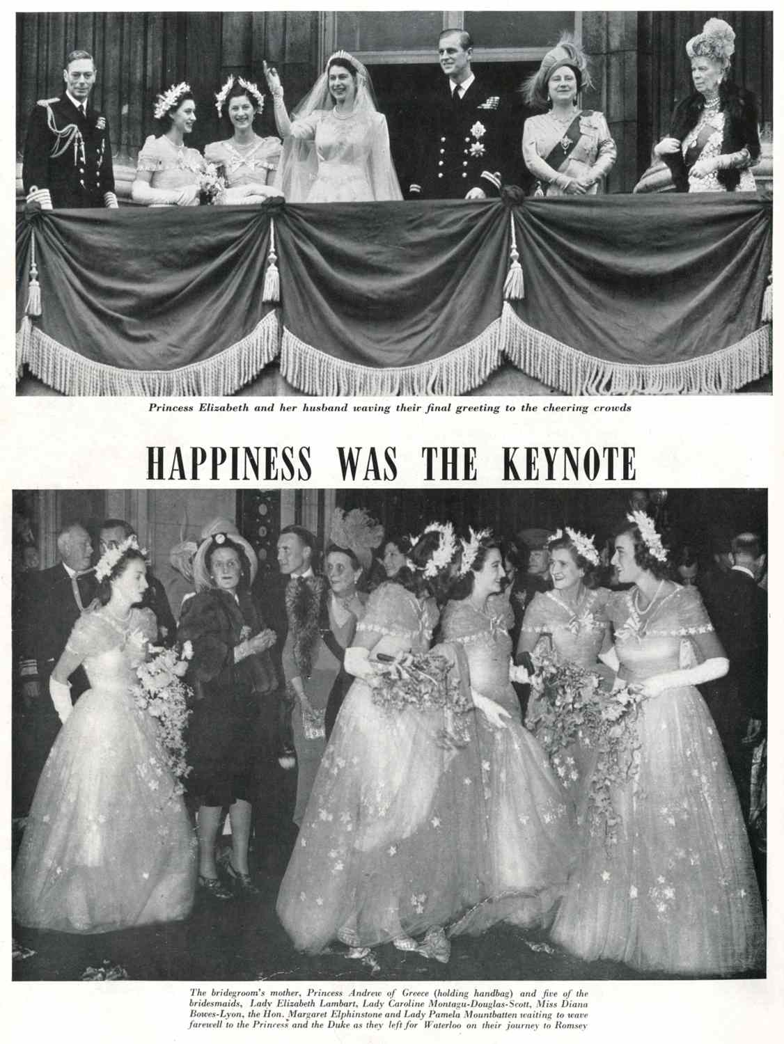  A page from The Tatler entitled, 'Happiness was the Keynote' with two photographs of the wedding day of Princess Elizabeth (Queen Elizabeth II) and Lieutenant Philip Mountbatten (Prince Philip, Duke of Edinburgh) on 20 November 1947