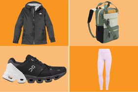 Collage of a jacket, backpack, sneaker and leggings we recommend on an orange background