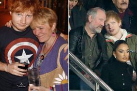 Ed Sheeran and his mom Imogen Sheeran. ; Ed Sheeran and John Sheeran attend the UEFA Champions League group A match between Paris Saint-Germain and Manchester City on September 28, 2021 in Paris, France. 