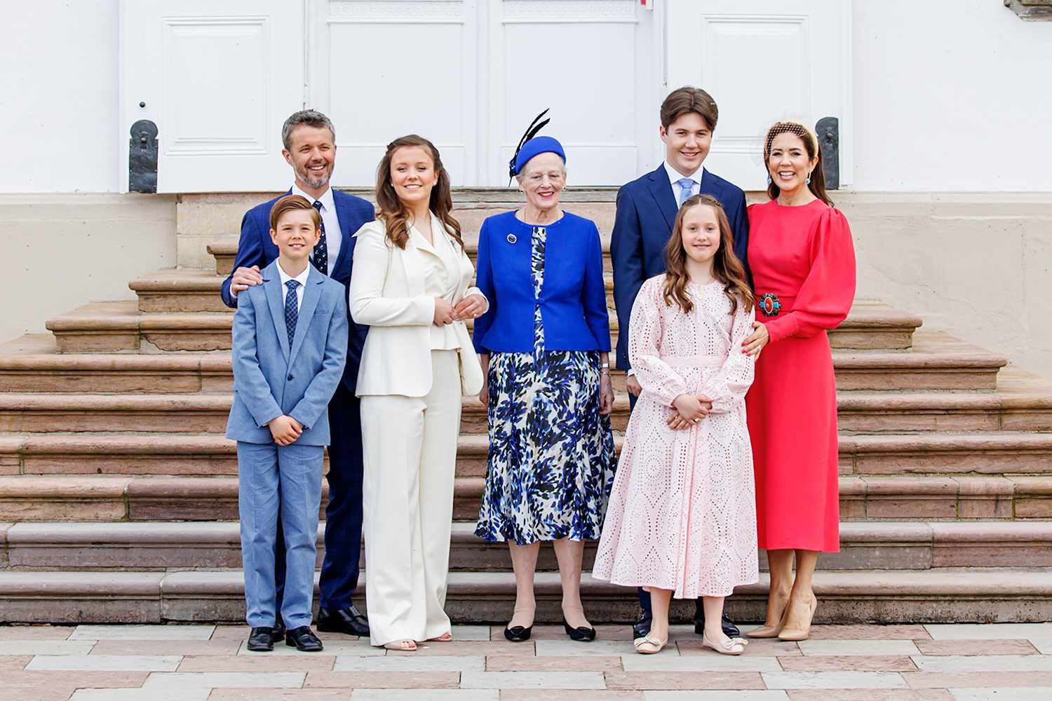 Queen Margrethe of Denmark, Crown Prince Frederik of Denmark, Crown Princess Mary of Denmark, Prince Christian of Denmark, Princess Isabella of Denmark, Princess Josephine of Denmark and Prince Vincent of Denmark during the confirmation of Princess Isabella of Denmark at on April 30, 2022 in Fredensborg, Denmark