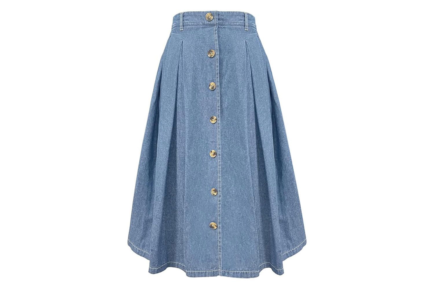 Amazon Pleated A-line Midi Skirt Elastic Waist Button Front Casual Flared Long Skirts with Pocket for Women