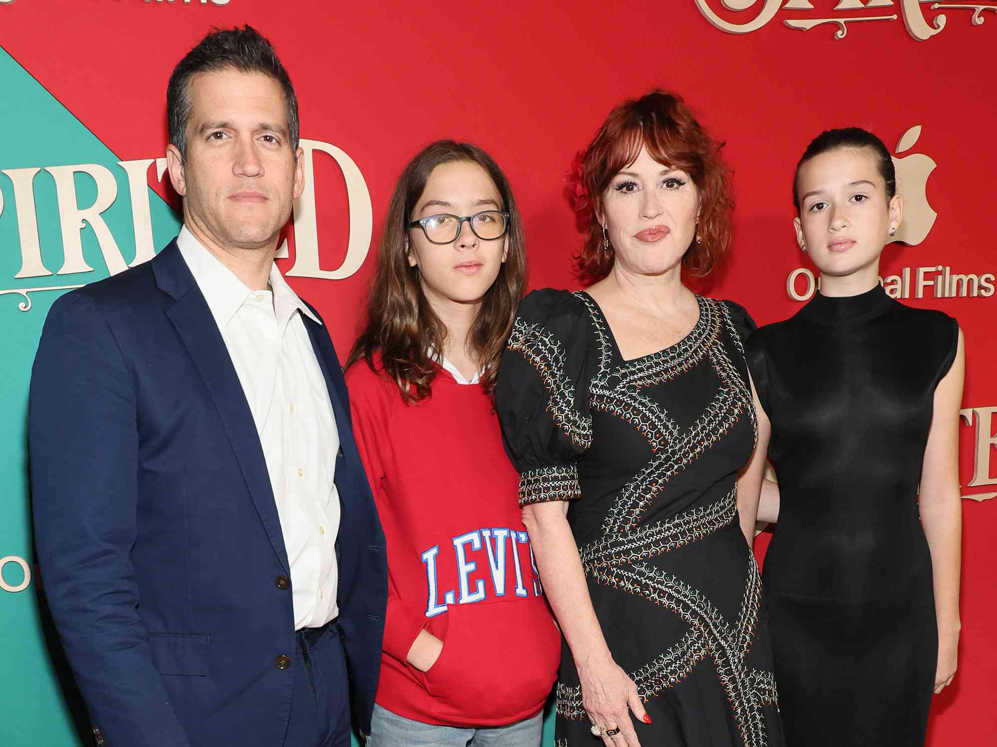 Panio Gianopoulos, Roman Stylianos Gianopoulos, Molly Ringwald and Adele Georgiana Gianopoulos attends Apple Original Film's "Spirited" New York Red Carpet at Alice Tully Hall, Lincoln Center on November 07, 2022 in New York City