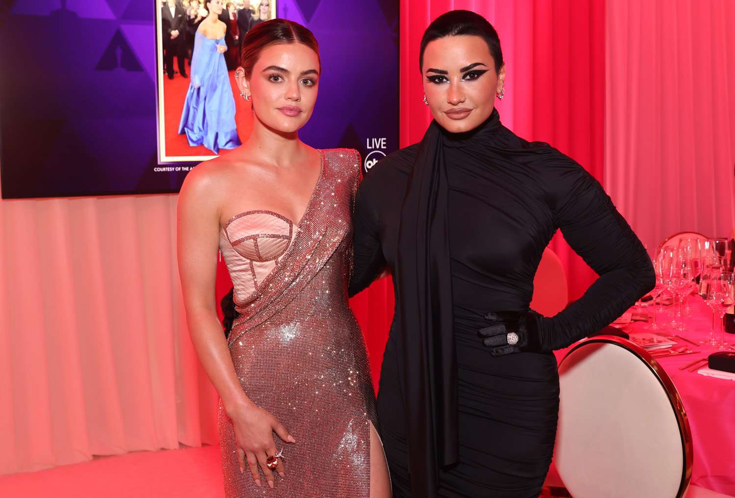 Lucy Hale and Demi Lovato attend Elton John AIDS Foundation's 30th Annual Academy Awards Viewing Party