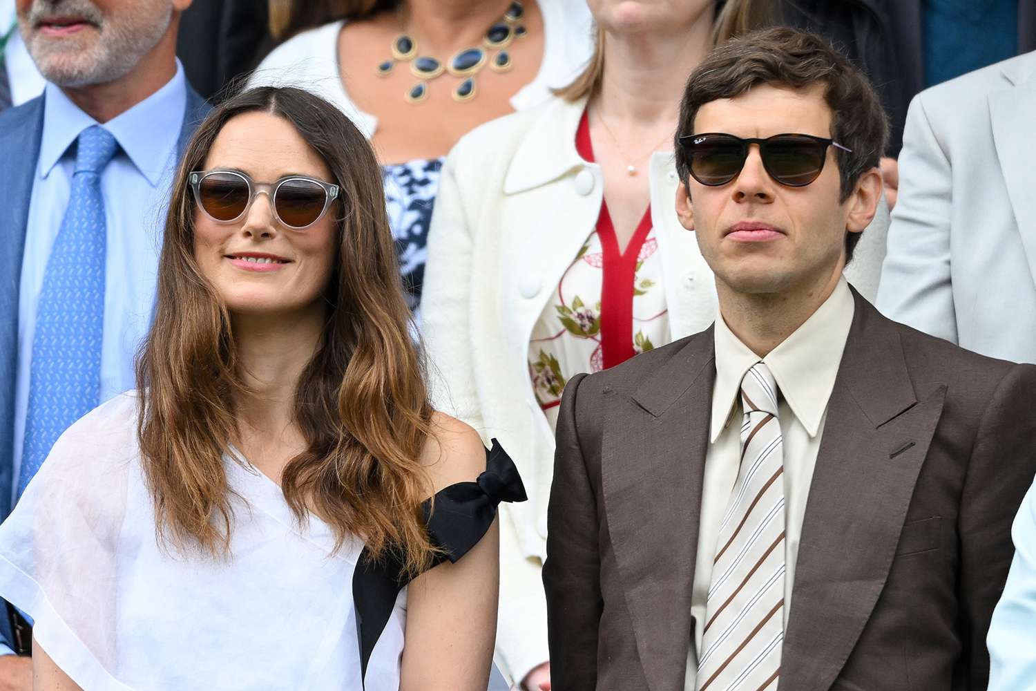 Mark Woodforde, Graeme Souness, Keira Knightley, Elizabeth Sharkey, James Righton, Feargal Sharkey and Sheila Ferris attend day ten of the Wimbledon Tennis Championships at the All England Lawn Tennis and Croquet Club on July 10, 2024 in London, England.