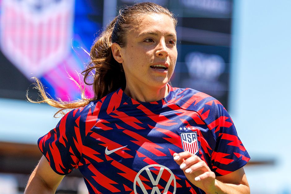 Sofia Huerta during warmups before an international friendly game between Wales and USWNT at PayPal Park on July 9, 2023 in San Jose, California. 