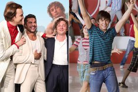 Pictured: (L-R) Stanley Simons, Zac Efron and Jeremy Allen White in Dallas, Texas on Nov. 8, 2023; Zac Efron in 'High School Musical 2'