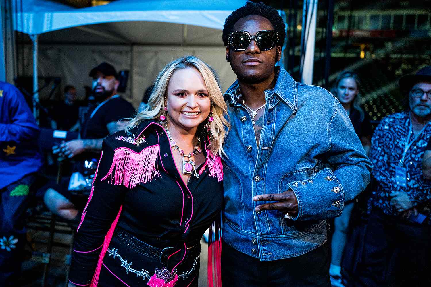 Miranda Lambert and Leon Bridges attend night 2 of the 50th CMA Fest at Nissan Stadium on June 09, 2023 in Nashville, Tennessee