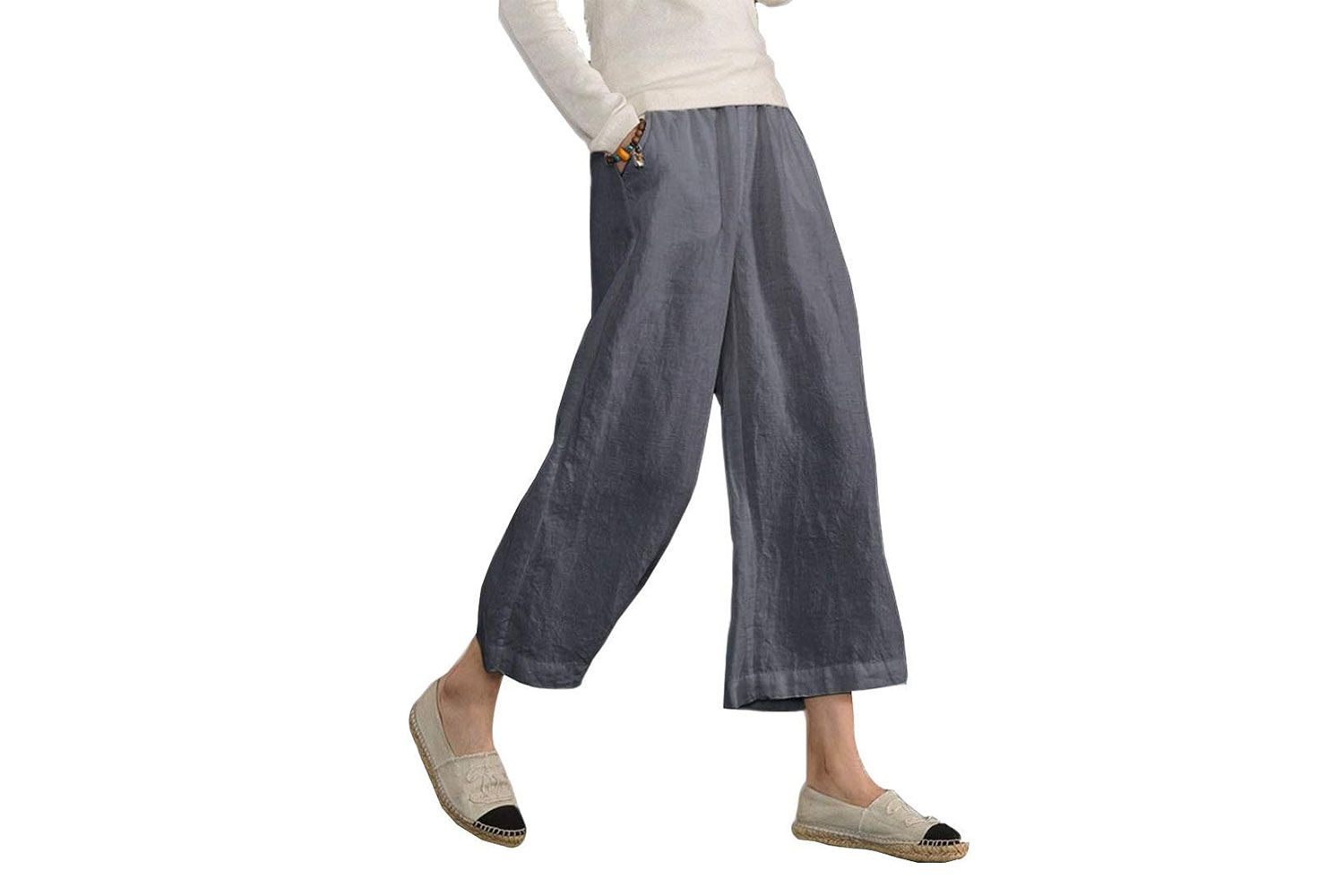 AmazonECUPPER Womens Casual Loose Elastic Waist Cotton Trouser Cropped Wide Leg Pants