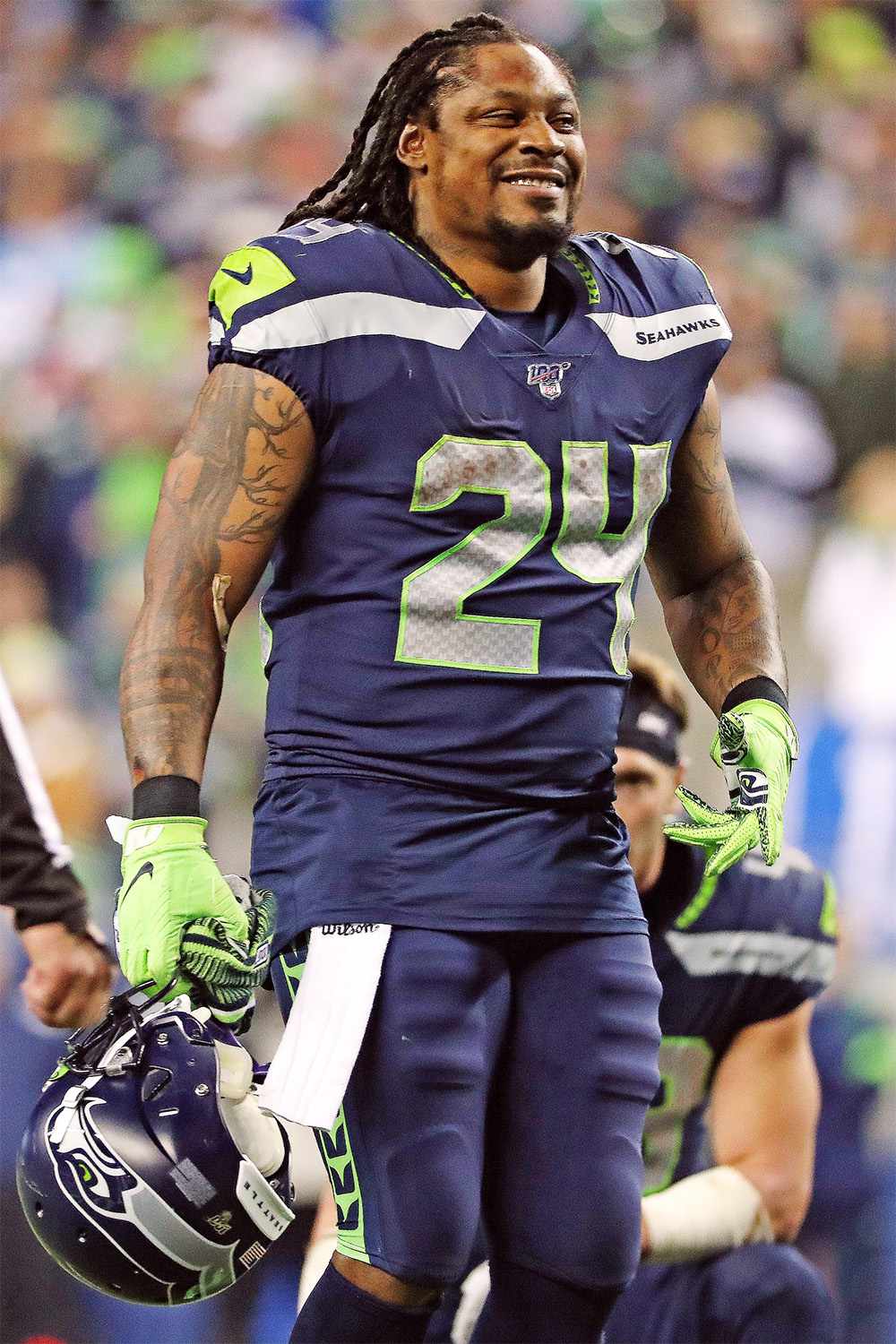 SEATTLE, WASHINGTON - DECEMBER 29: Marshawn Lynch #24 of the Seattle Seahawks reacts in the fourth quarter against the San Francisco 49ers during their game at CenturyLink Field on December 29, 2019 in Seattle, Washington. (Photo by Abbie Parr/Getty Images)