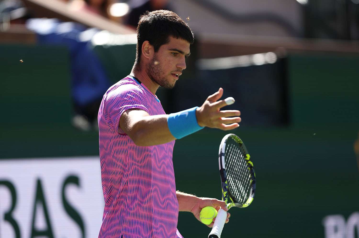 INDIAN WELLS, CALIFORNIA - MARCH 14: Carlos Alcaraz of Spain tries to brush off a swam of bees that invaded the court whilst playing against Alexander Zverev of Germany in their Quarterfinal match during the BNP Paribas Open at Indian Wells Tennis Garden on March 14, 2024 in Indian Wells, California. 