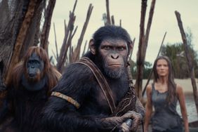 (L-R): Raka (played by Peter Macon), Noa (played by Owen Teague) , and Freya Allan as Nova in 20th Century Studios' KINGDOM OF THE PLANET