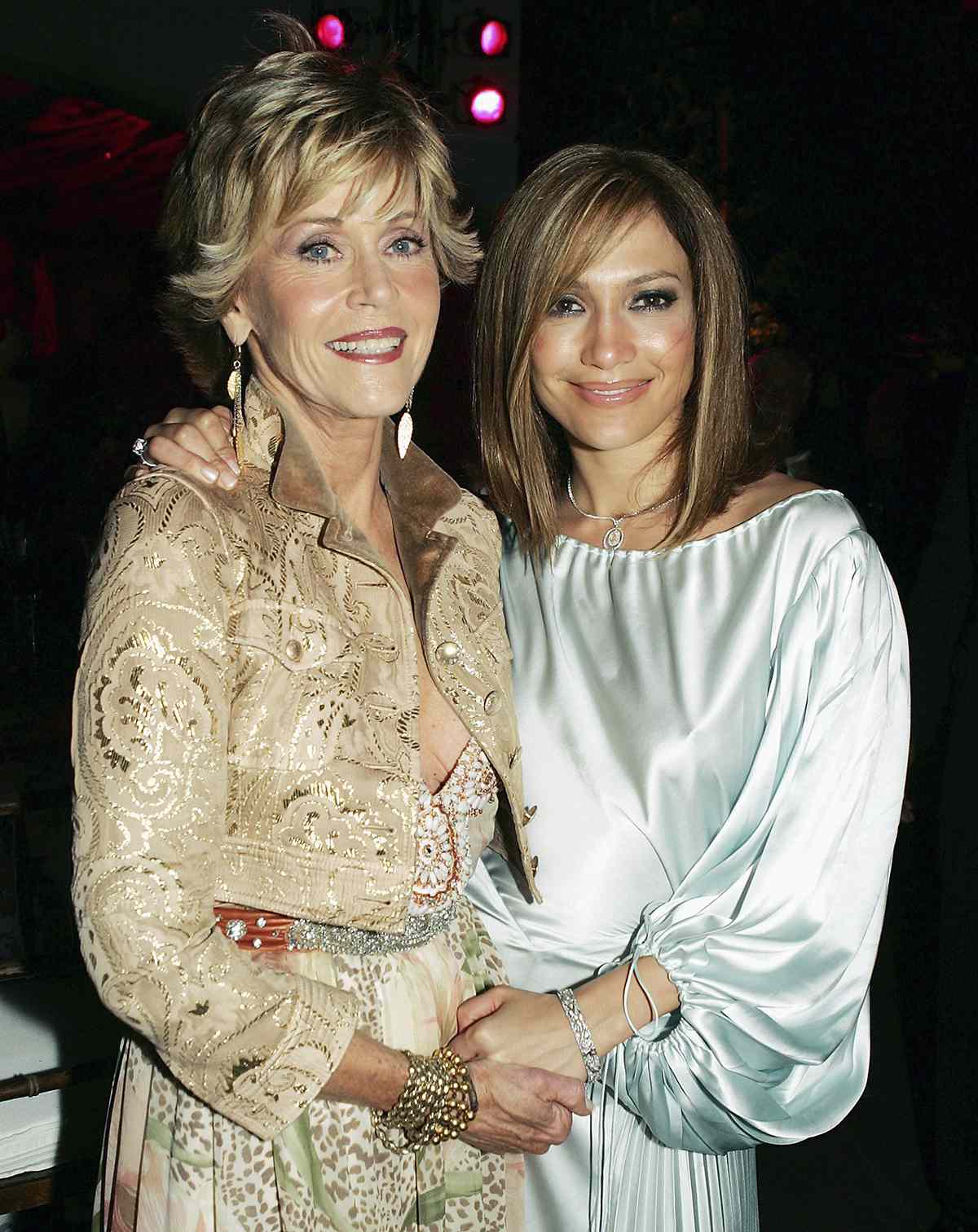 Actors Jane Fonda (L) and Jennifer Lopez pose at the afterparty for the premiere of New Line Cinema's "Monster-In-Law" at the Armand Hammer Museum on April 29, 2005 in Los Angeles, California