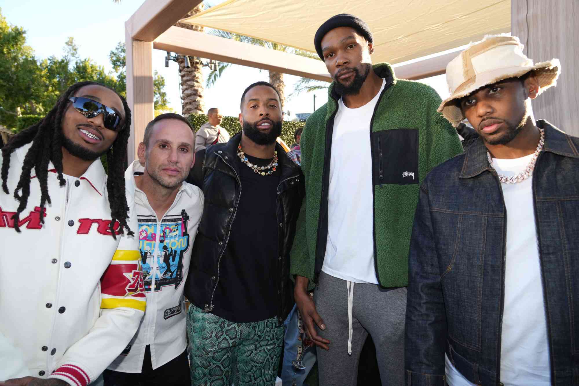 PHOENIX, ARIZONA - FEBRUARY 11: (L-R) Quavo, Fanatics CEO Michael Rubin, Odell Beckham Jr., Kevin Durant, and Fabolous attend Michael Rubin's 2023 Fanatics Super Bowl Party at the Arizona Biltmore on February 11, 2023 in Phoenix, Arizona. (Photo by Kevin Mazur/Getty Images for Fanatics)