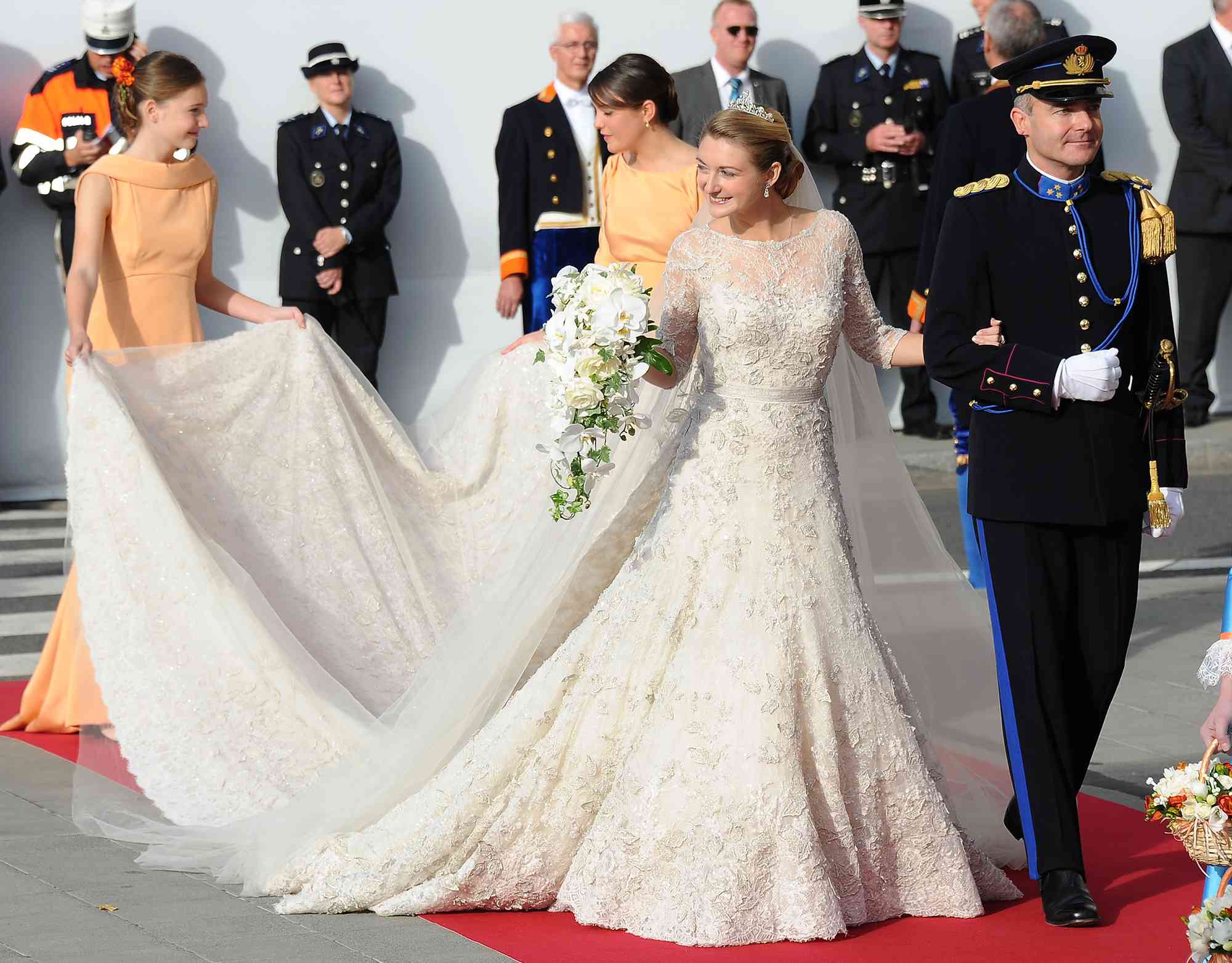 Princess Stephanie of Luxembourg and her brother Count Jehan de Lannoy arrive at the wedding ceremony of Prince Guillaume Of Luxembourg and Princess Stephanie of Luxembourg at the Cathedral of our Lady of Luxembourg on October 20, 2012 in Luxembourg, Luxembourg