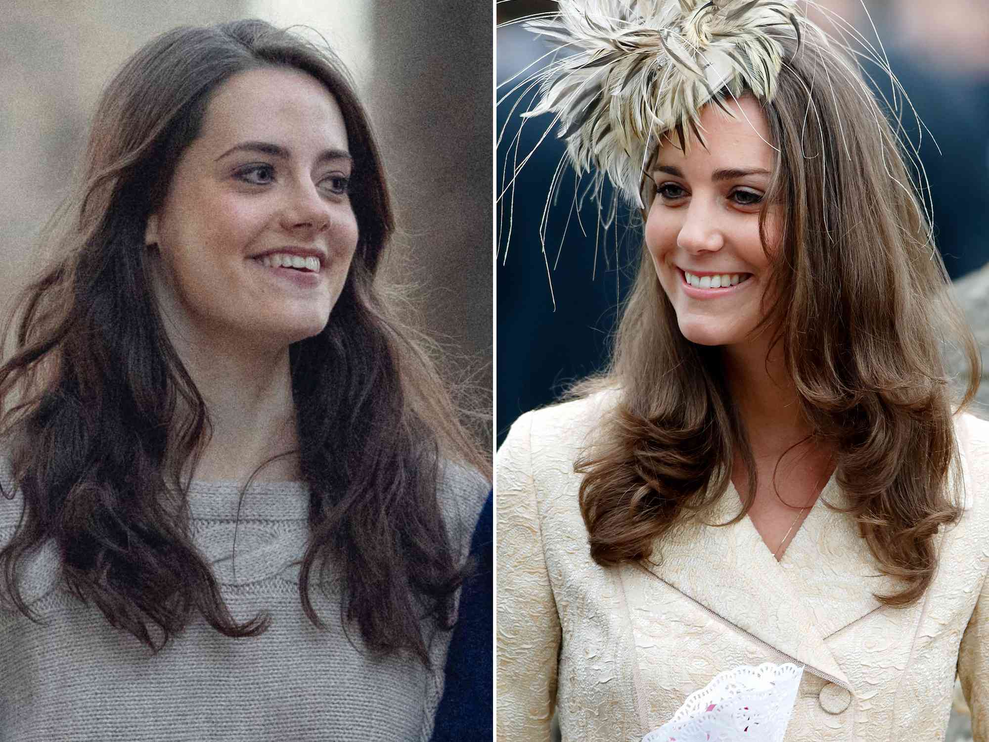 Meg Bellamy as Catherine Middleton in 'The Crown' Season 6. ; Kate Middleton attends the wedding of Laura Parker-Bowles and Harry Lopes at St Cyriac's Church on May 6, 2006.