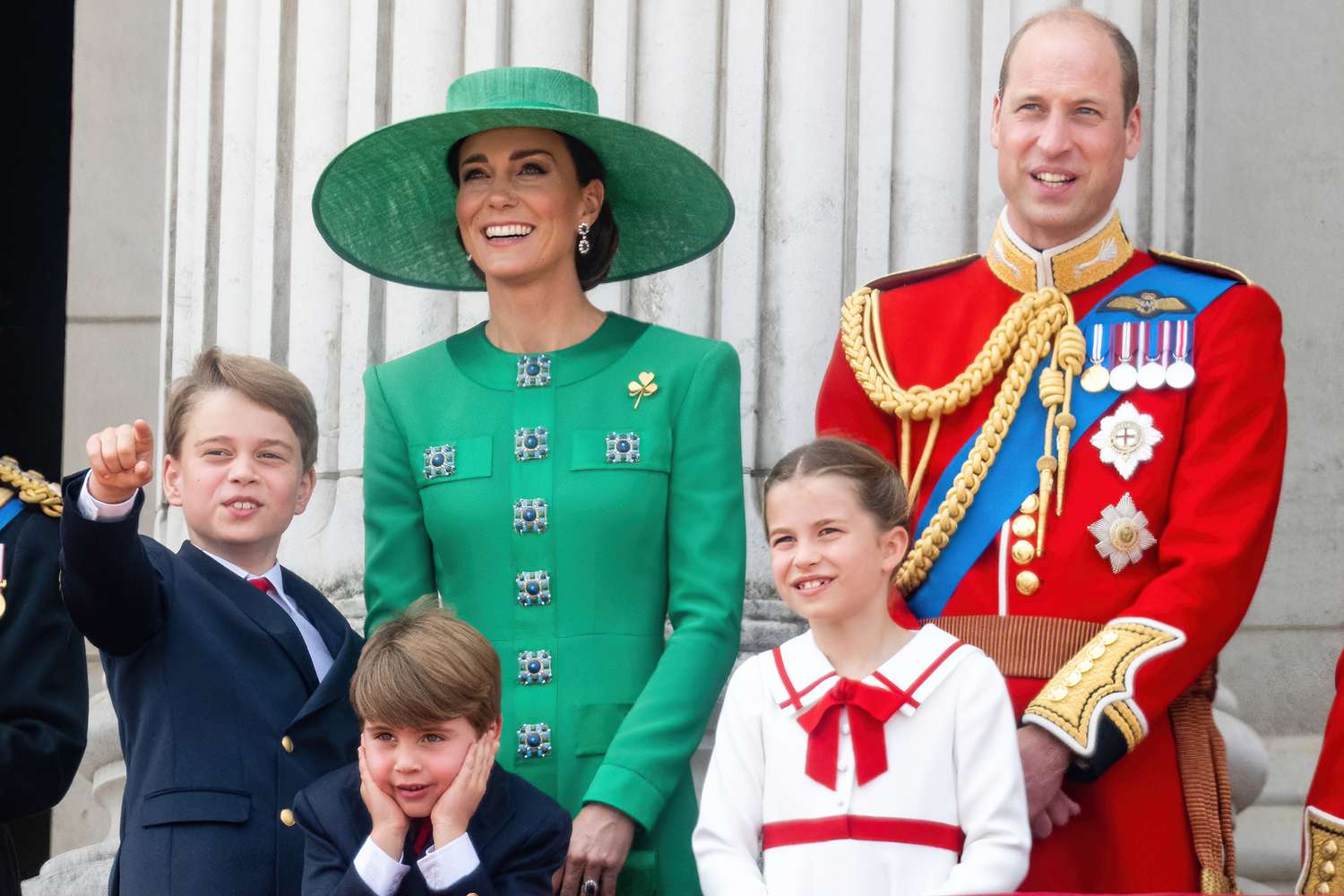 Prince George of Wales, Prince Louis of Wales, Catherine, Princess of Wales, Princess Charlotte of Wales, Prince William of Wales on the balcony during Trooping the Colour on June 17, 2023 in London, England. Trooping the Colour is a traditional parade held to mark the British Sovereign's official birthday. It will be the first Trooping the Colour held for King Charles III since he ascended to the throne. 