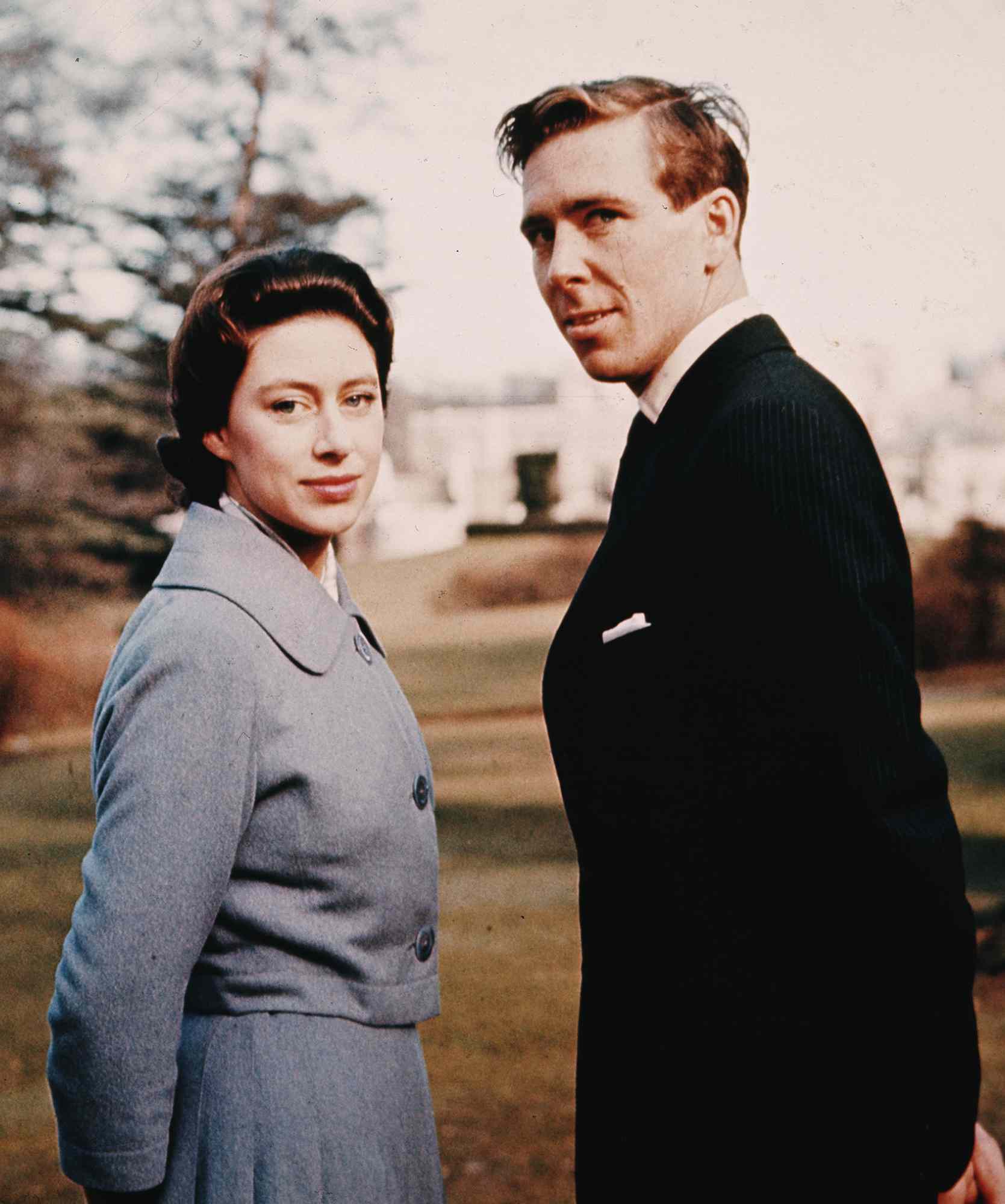 Princess Margaret (1930 - 2002) and Antony Armstrong-Jones in the grounds of Royal Lodge after they announced their engagement