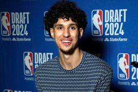 Zaccharie Risacher from France, who played for JL Bourg basketball club, speaks to the press during a press preview for the 78th edition of the NBA's annual draft at the Lotte New York Palace in New York, on June 25, 2024. 