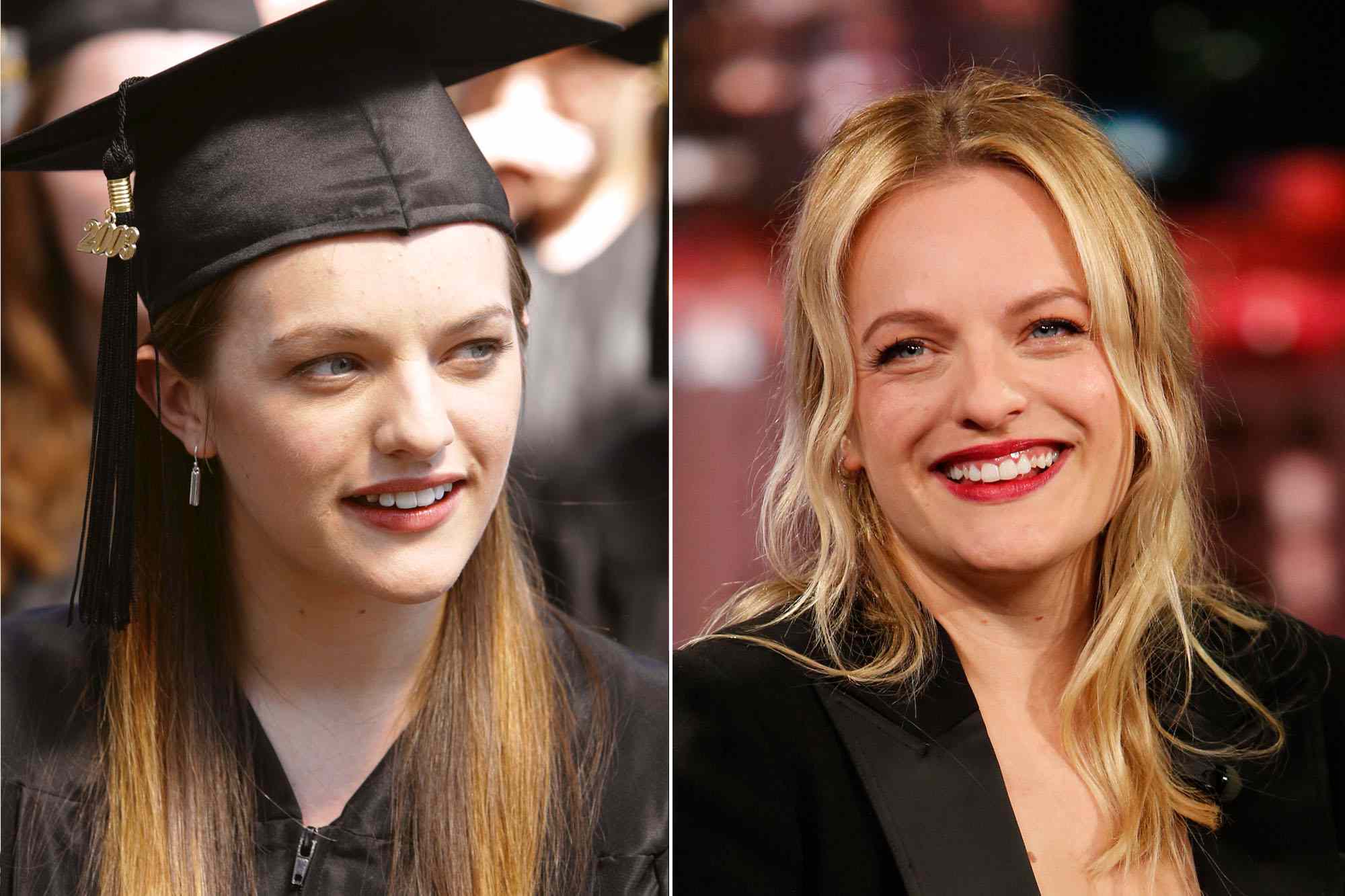 Elisabeth Moss wearing a cap and gown in a photo from "The West Wing" and another photo of Moss several years later.