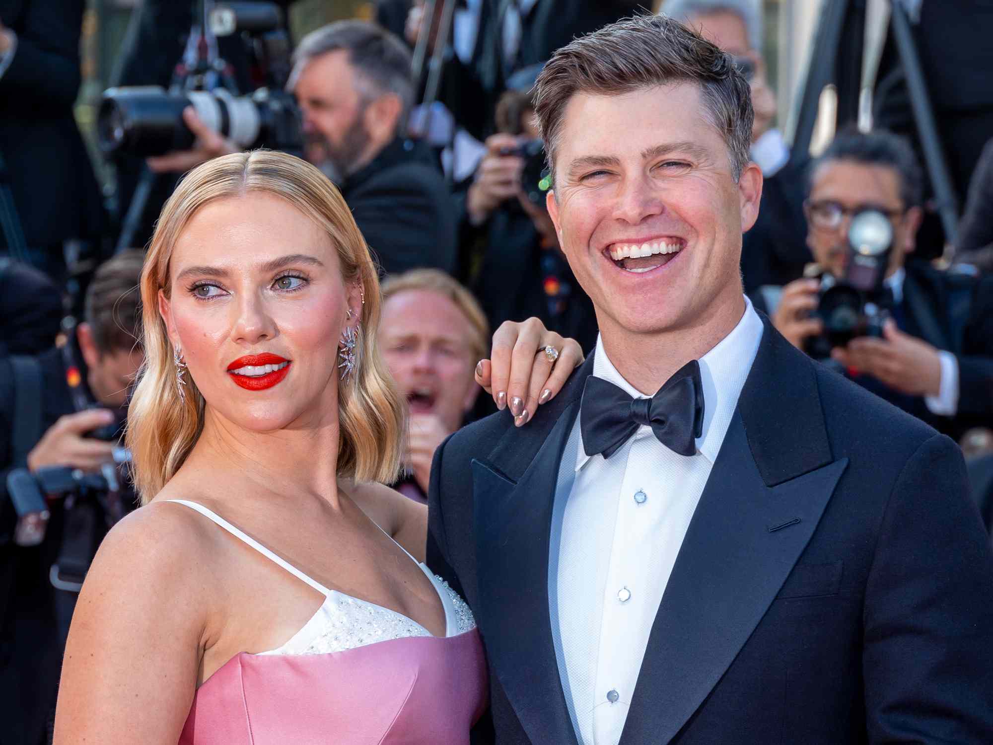 Scarlett Johansson and Colin Jost attend the "Asteroid City" red carpet during the 76th annual Cannes film festival