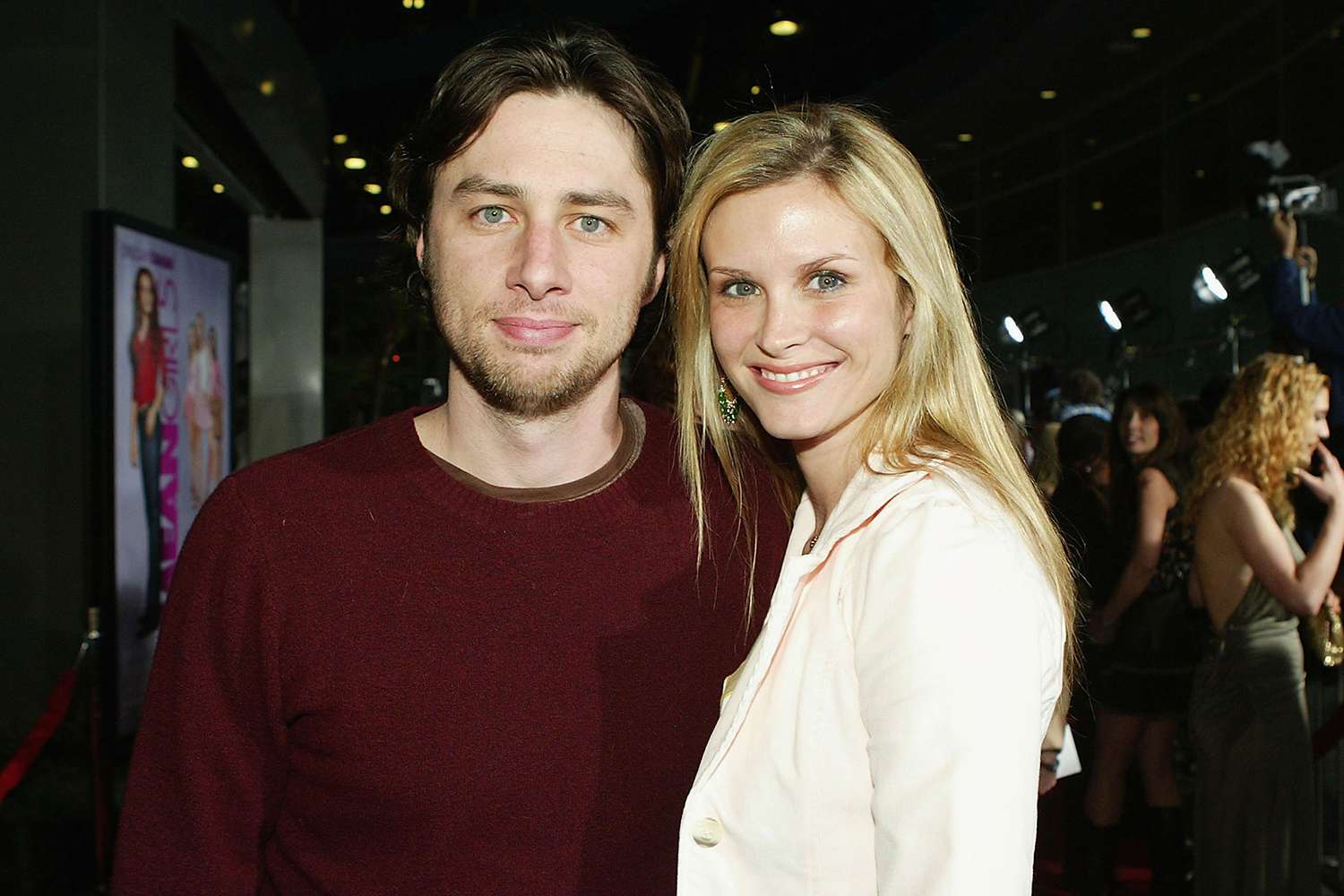 Actor Zach Braff (L) and Bonnie Sommerville arrive at the premiere of Paramount's "Mean Girls" at the Cinerama Dome on April 19, 2004 in Los Angeles, California. 