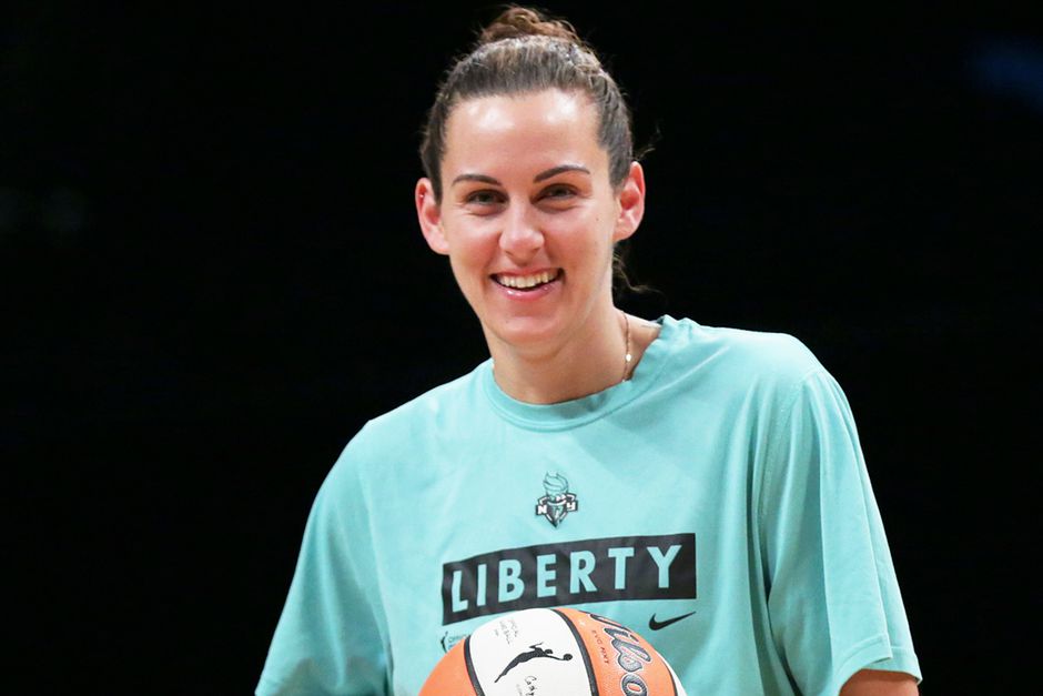 Jacki Gemelos of the New York Liberty smiles before the game against the Phoenix Mercury on August 25, 2021 at Barclays Center in Brooklyn, New York.