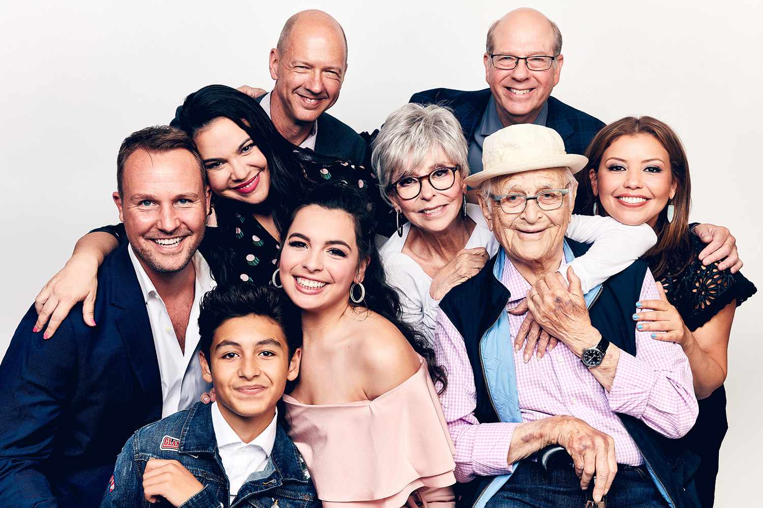 BEVERLY HILLS, CA - JULY 29: (L-R) Brent Miller, Marcel Ruiz, Gloria Calderon Kellett, Mike Royce, Isabella Gomez, Rita Moreno, Stephen Tobolowsky, Normal Lear, and Justina Machado of Netflix's 'One Day at a Time' pose for a portrait during the 2018 Summer Television Critics Association Press Tour at The Beverly Hilton Hotel on July 29, 2018 in Beverly Hills, California. (Photo by Robby Klein/Getty Images)