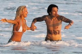 Actors Lily James and Sebastian Stan re-enact the famous beach wedding of Pamela Anderson and Tommy Lee on a Mexican beach.