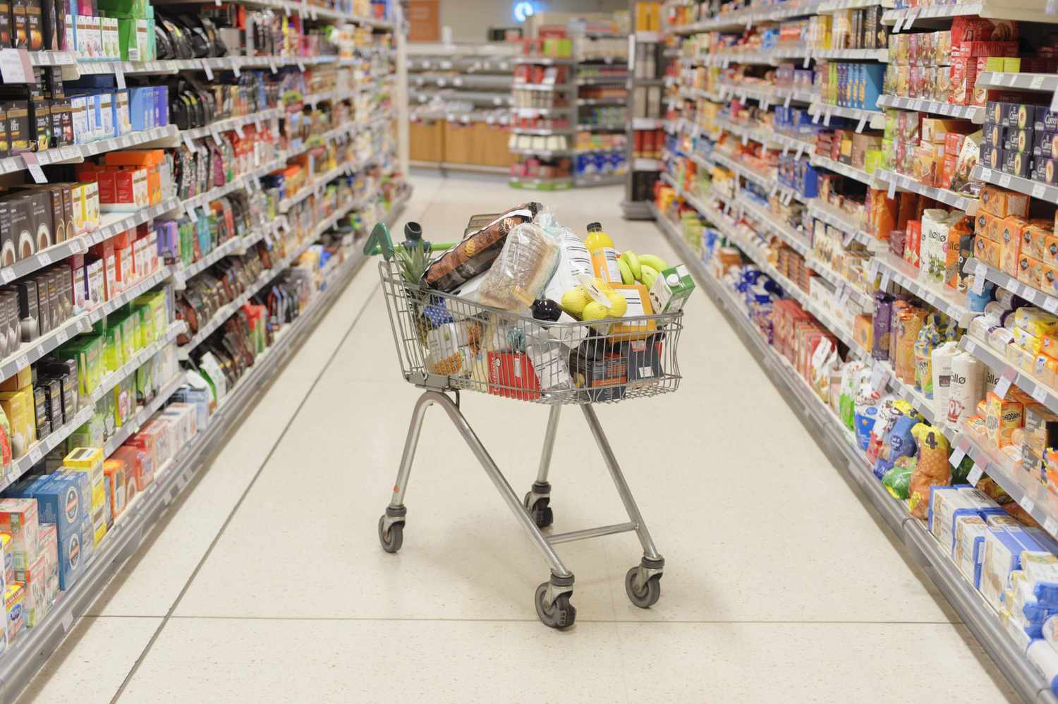 shopping cart in supermarket aisle