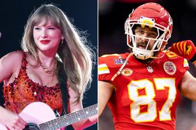 Taylor Swift performs onstage during night four of "Taylor Swift | The Eras Tour" at La Defense on May 12, 2024 in Paris, France; Travis Kelce #87 of the Kansas City Chiefs reacts prior to the NFL Super Bowl 58 football game between the San Francisco 49ers and the Kansas City Chiefs at Allegiant Stadium on February 11, 2024 in Las Vegas, Nevada.