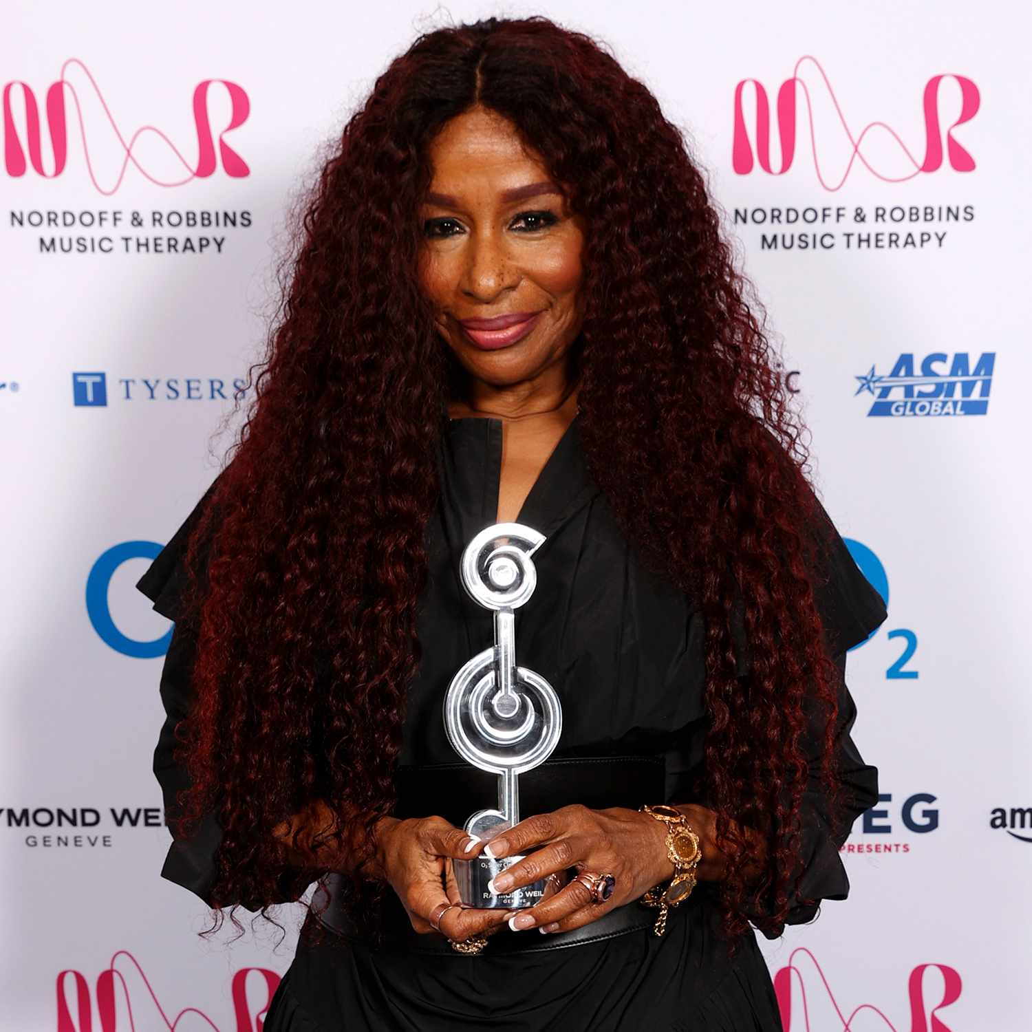 Chaka Khan poses with the Global Live Music award inside the winners room at the Nordoff and Robbins O2 Silver Clef Awards 2024 at The Grosvenor House Hotel on July 05, 2024 in London, England.