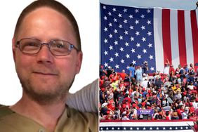 David Dutch; A giant American flag is raised behind a stand of supporters of Republican presidential candidate former President Donald Trump at a campaign event in Butler, Pa., on Saturday, July 13, 2024