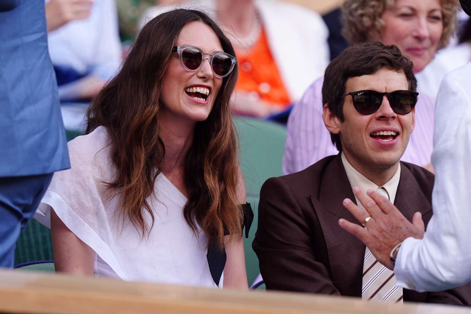 Keira Knightley and James Righton in the royal box on day ten of the 2024 Wimbledon Championships at the All England Lawn Tennis and Croquet Club, London. Picture date: Wednesday July 10, 2024.