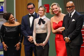 Chandra Wilson, Justin Chambers, Ellen Pompeo, Katherine Heigl and James Pickens Jr. speak onstage during the 75th Primetime Emmy Awards at Peacock Theater on January 15, 2024 in Los Angeles, California.