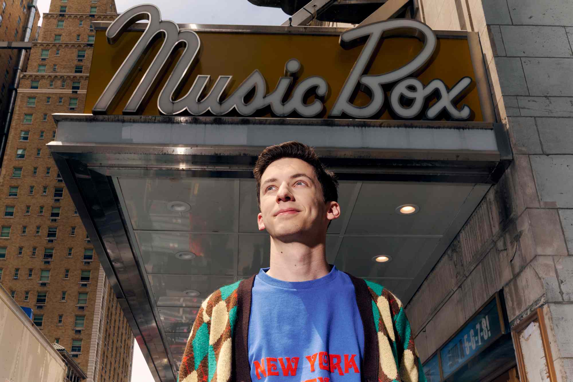 Actor Andrew Barth Feldman, star of the upcoming movie "No Hard Feelings", poses for a portrait outside the Music Box Theatre in New York, NY on May 19, 2023.