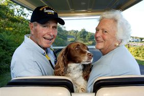 Former President And Mrs. George. H. W. Bush At Their Home In Maine With Dog Millie