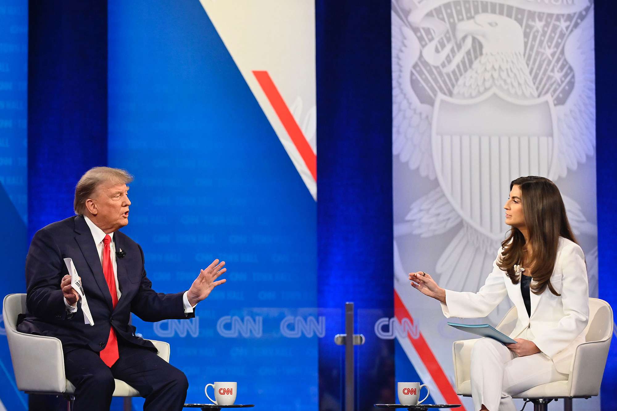 Former President Donald Trump participates in a CNN Republican Town Hall moderated by CNNâs Kaitlan Collins at St. Anselm College in Manchester, New Hampshire, on Wednesday, May 10, 2023.