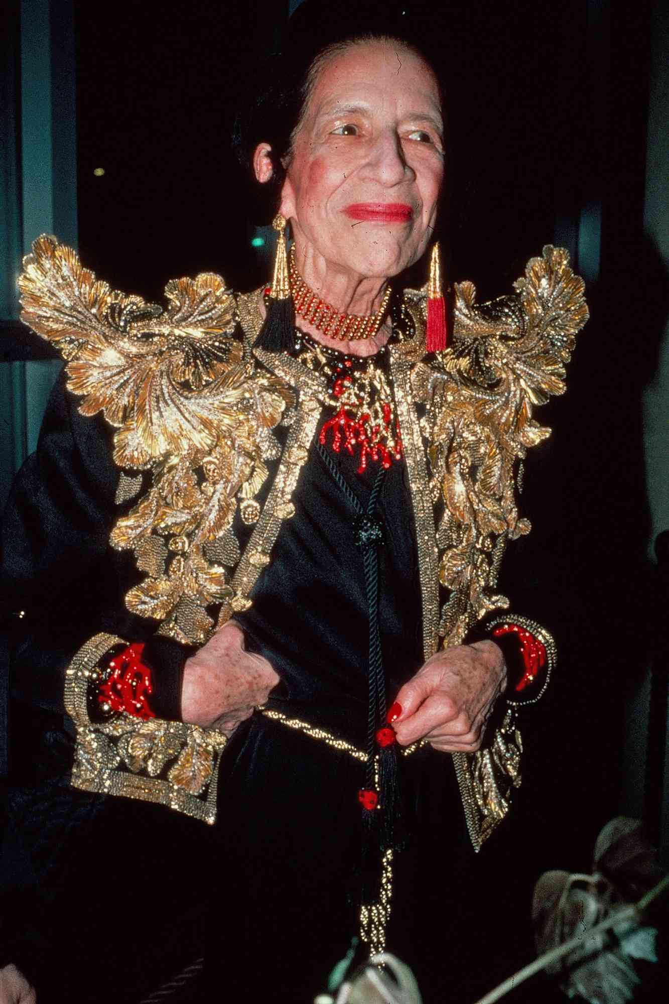 French-born American fashion editor Diana Vreeland (1903 - 1989) attends the Metropolitan Museum Costume Institute Gala, New York, New York, December 9, 1980.