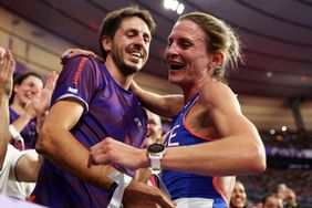 Alice Finot of Team France applauds fans and family after competing in the Women's 3000m Steeplechase final on day eleven of the Olympic Games Paris 2024