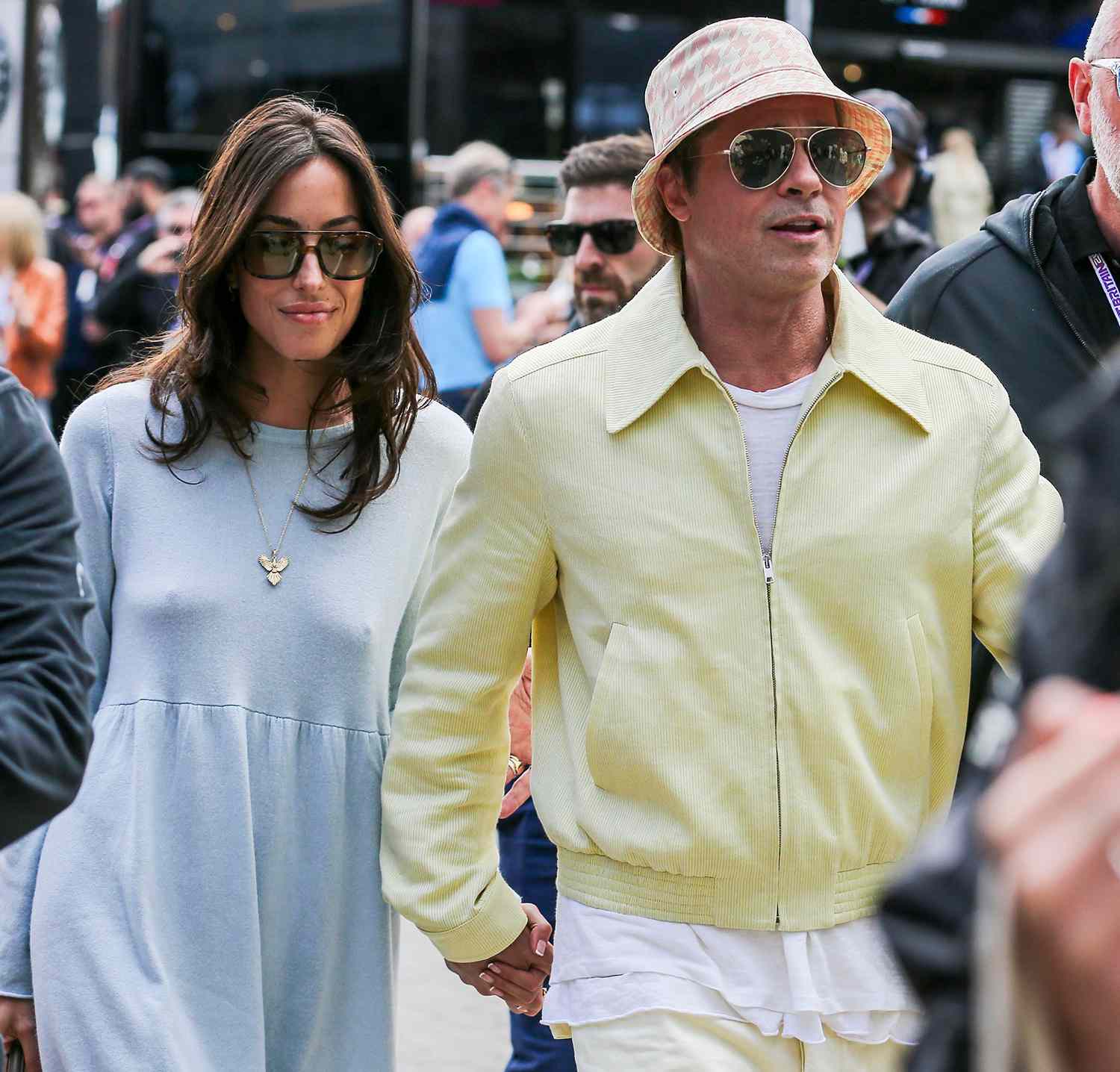 Brad Pitt and partner arrive ahead of the Formula One Qatar Airways British Grand Prix at the Silverstone Circuit, Silverstone, England, United Kingdom on 7 July 2024