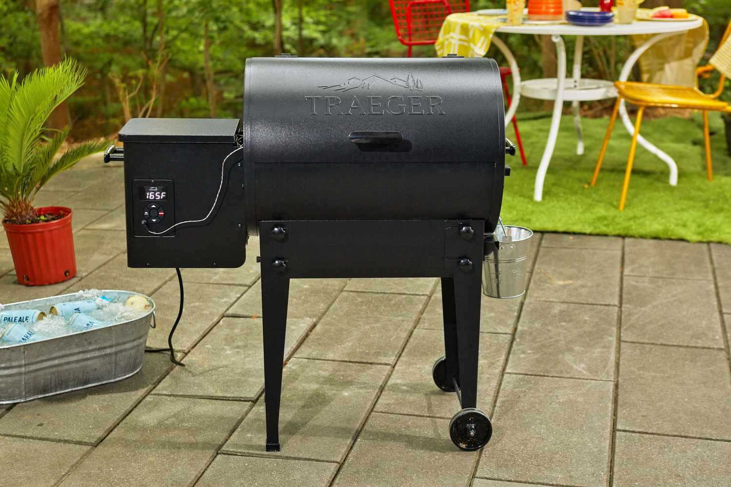 Traeger TFB30KLF Tailgater Pellet Grill displayed on a patio